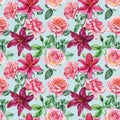 Flowers lily, roses watercolor botanical illustration. Seamless pattern digital paper. Summer vintage floral.
