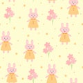 Flowers and little rabbits in dress. Cute seamless pattern for children.