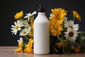 Flowers and lotion bottle on a table