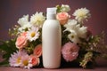 Flowers and lotion bottle on a table