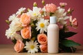 Flowers and lotion bottle on a table