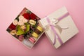 Flowers and macaroons in a hat-box Royalty Free Stock Photo
