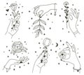 Flowers in magical hands. Trendy linear minimal style hands holding beautiful flowers. Minimalist tattoos or beauty