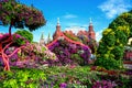 Flowers on Manege Square, Moscow, Russia. Historical Museum it`s written on roof in background