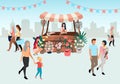 Flowers market stall with seller flat illustration. Street local store vendor selling bouquets. Florist cartoon character. Royalty Free Stock Photo