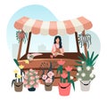 Flowers market stall with seller flat illustration. Street local store vendor selling houseplants, bouquets. Florist cartoon Royalty Free Stock Photo