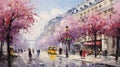 flowers marketplace , basket of flowers violets on the street of Paris on a sunny day ,paint in the impressionism art style