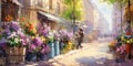 flowers marketplace , basket of flowers violets on the street of Paris on a sunny day ,paint in the impressionism art style Royalty Free Stock Photo