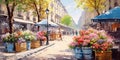 flowers marketplace , basket of flowers violets on the street of Paris on a sunny day ,paint in the impressionism art style