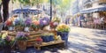 flowers marketplace , basket of flowers violets on the street of Paris on a sunny day ,paint in the impressionism art style