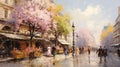 flowers marketplace , basket of flowers violets on the street of Paris on a sunny day ,paint in the impressionism art style Royalty Free Stock Photo