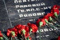 Flowers on the memorial to fallen soldiers, red carnations on black marble, Russian text of soldiers military rank - sergeant,