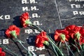 Flowers on the memorial to fallen soldiers, red carnations on black marble, Russian text of soldiers military rank - sergeant,