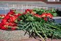 Flowers on the memorial to fallen soldiers, red carnations on black marble, Russian text - monument to the unknown soldier