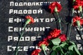 Flowers on the memorial to fallen soldiers, red carnations on black marble, Russian text of soldiers military rank - sergeant,
