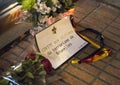 Flowers and message in memory of victims of terrorist attacks in Brussels at Belgium embassy in Madrid, Spain