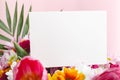 Flowers mock up congratulation. Congratulations card in bouquet of flowers on pink background. White blank card with space for Royalty Free Stock Photo