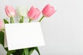 Flowers mock up congratulation. Congratulations card in bouquet of pink tulips on white background. White blank card with space Royalty Free Stock Photo