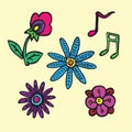 Flowers and music notes collection, hand drawn doodle, sketch in naÃÂ¯ve, pop art style, color vector illustration isolated