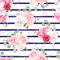 Flowers navy striped seamless vector print Royalty Free Stock Photo