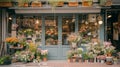 Flowers near a flower shop. Flowers in flowerpots on the street of the city. Royalty Free Stock Photo