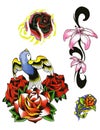 Flowers newskool tattoo set. Set of labels and elements. Vector set illustration template tattoo