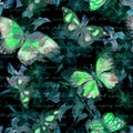 Flowers, night butterflies, hand written text letter. Watercolor. Seamless pattern at black background