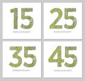 Flowers numbers cards set. Anniversary invitations. Creative vector illustration numbers 15, 25, 35, 45 design with