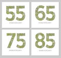 Flowers numbers cards set. Anniversary invitations. Creative vector illustration numbers 55, 65, 75, 85 design with