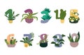 Flowers numbers set vector flat illustration. Botanical tropical counting houseplants in pots