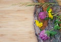 Flowers on old bark, rustic Royalty Free Stock Photo