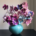 Hyperrealistic Pansy Arrangement: Teal And Pink 3d Sculpture Vase