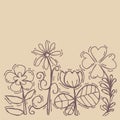 Flowers painted line on a brown Vintage background. Vector dra