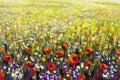 Red poppies flower field oil painting, yellow, purple and white flowers artwork Royalty Free Stock Photo