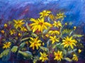 Flowers painting, yellow wild flowers daisies, orange sunflowers on a blue background, oil paintings landscape impressionism artwo Royalty Free Stock Photo