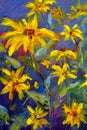 Flowers painting, yellow wild flowers daisies, orange sunflowers on a blue background, oil paintings landscape impressionism artwo Royalty Free Stock Photo