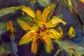 Flowers painting, yellow wild flowers daisies, orange sunflowers on a blue background, oil paintings landscape impressionism artwo Royalty Free Stock Photo