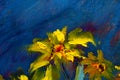 Flowers painting, yellow wild flowers daisies, orange sunflowers on a blue background, oil paintings landscape impressionism artwo Royalty Free Stock Photo