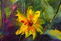 Flowers painting, yellow wild flowers daisies, orange sunflowers on a blue background, oil paintings landscape impressionism artwo