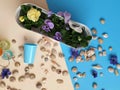 Sea Stones shells Flowers wreath, garland, crown, chaplet, coronet, circlet of flowers ring blue beach background abstract greeti