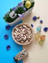 Sea Stones shells Flowers wreath, garland, crown, chaplet, coronet, circlet of flowers ring blue beach background abstract greeti