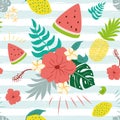 Flowers paradise pattern Vector seamless jungle flowers plants fruits striped background Tropical banner