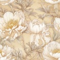 Flowers, peony, seamless boho floral design, monochrome beige and orange colors, AI generative background