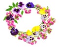 Flowers of pink peas and yellow pansy wreath isolated on white background