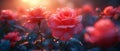 Flowers of pink and red roses blooming in a mysterious fairy tale spring or summer floral background. The fantasy Royalty Free Stock Photo
