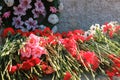 Flowers placed at a monument for victory day of World war. Royalty Free Stock Photo