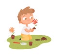 Flowers planting. Boy caring plants in garden. Cute cartoon baby replant flower from pot in ground vector illustration