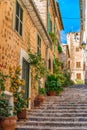 Flowers and plants in beautiful street in old village on Majorca, Spain Royalty Free Stock Photo