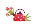 Flowers in polka dot teapot on white background. Royalty Free Stock Photo