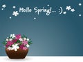 Flowers pot with spring flowers viewed from the side and Hello Spring! text in blue background Royalty Free Stock Photo